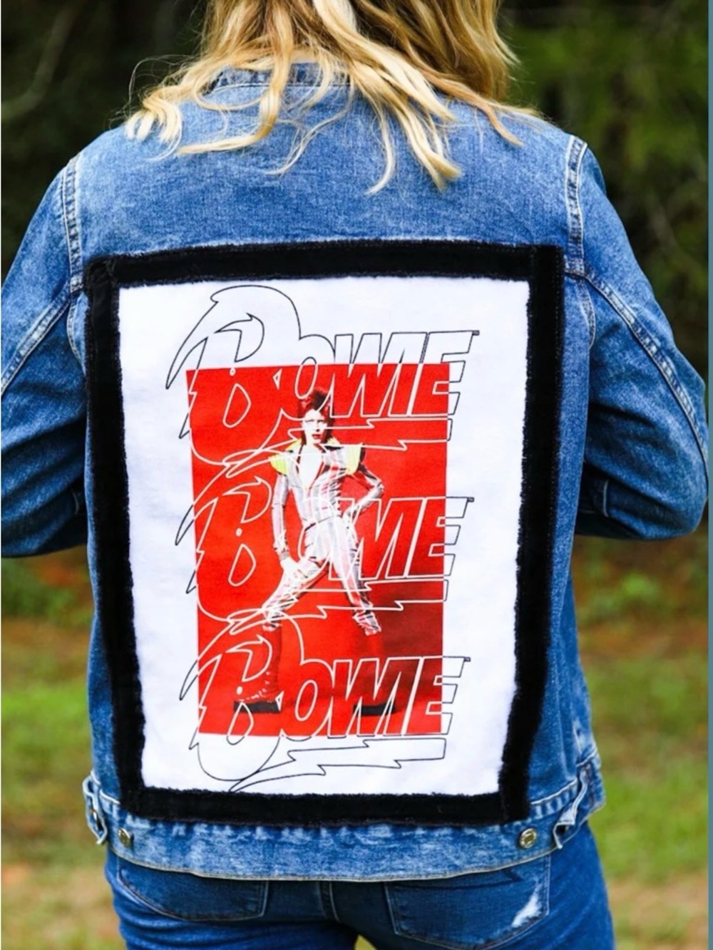 Upcycled David Bowie Graphic Denim Jacket - Blue with Red/White Patch